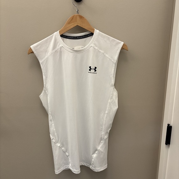 Under Armour Women Tank Top L White Compression HEATGEAR Activewear Logo - Picture 1 of 9